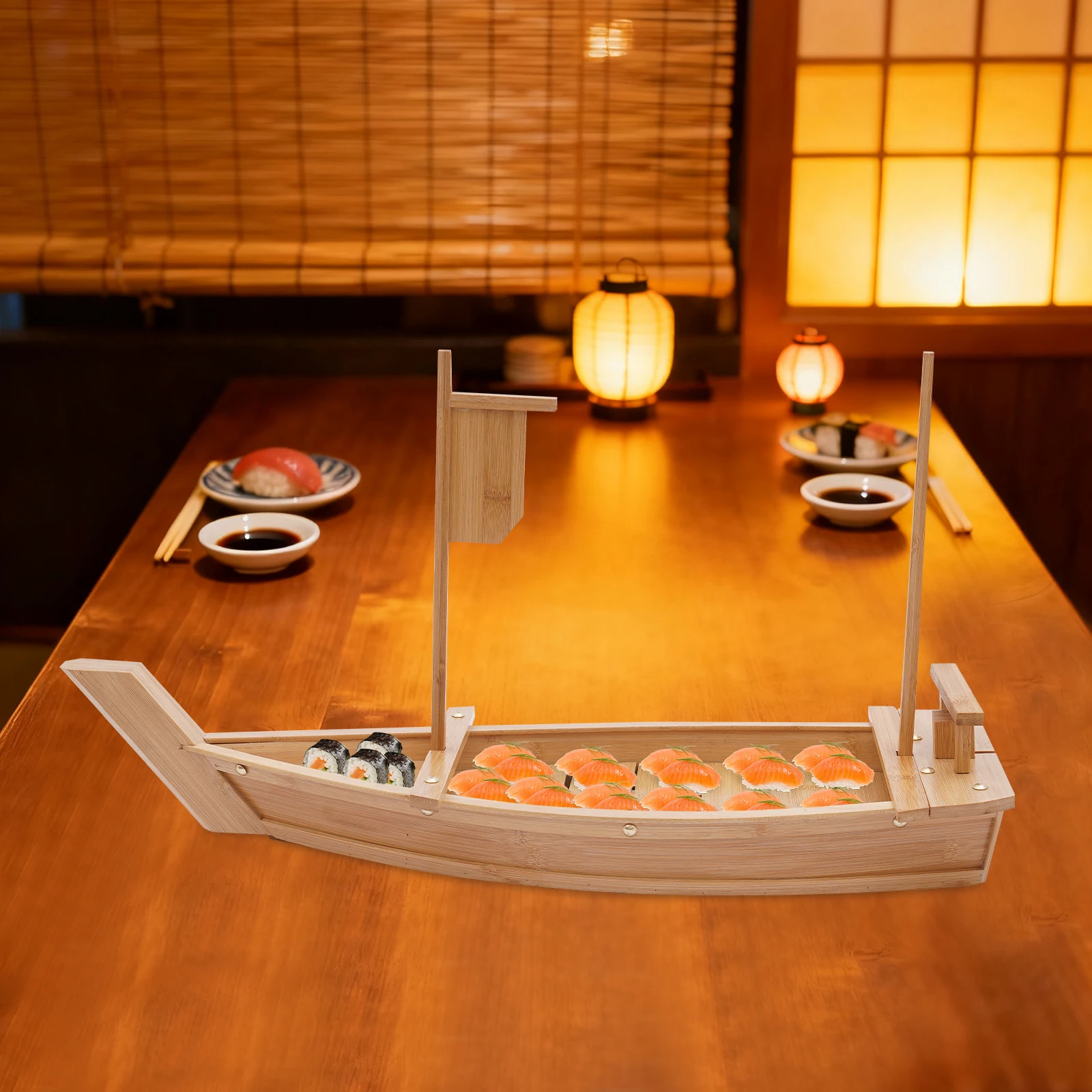 Log Color Sushi Boat Tray Large Size Boat-shaped Sushi Serving Tray Bamboo Sushi Boat for Business or Personal Parties