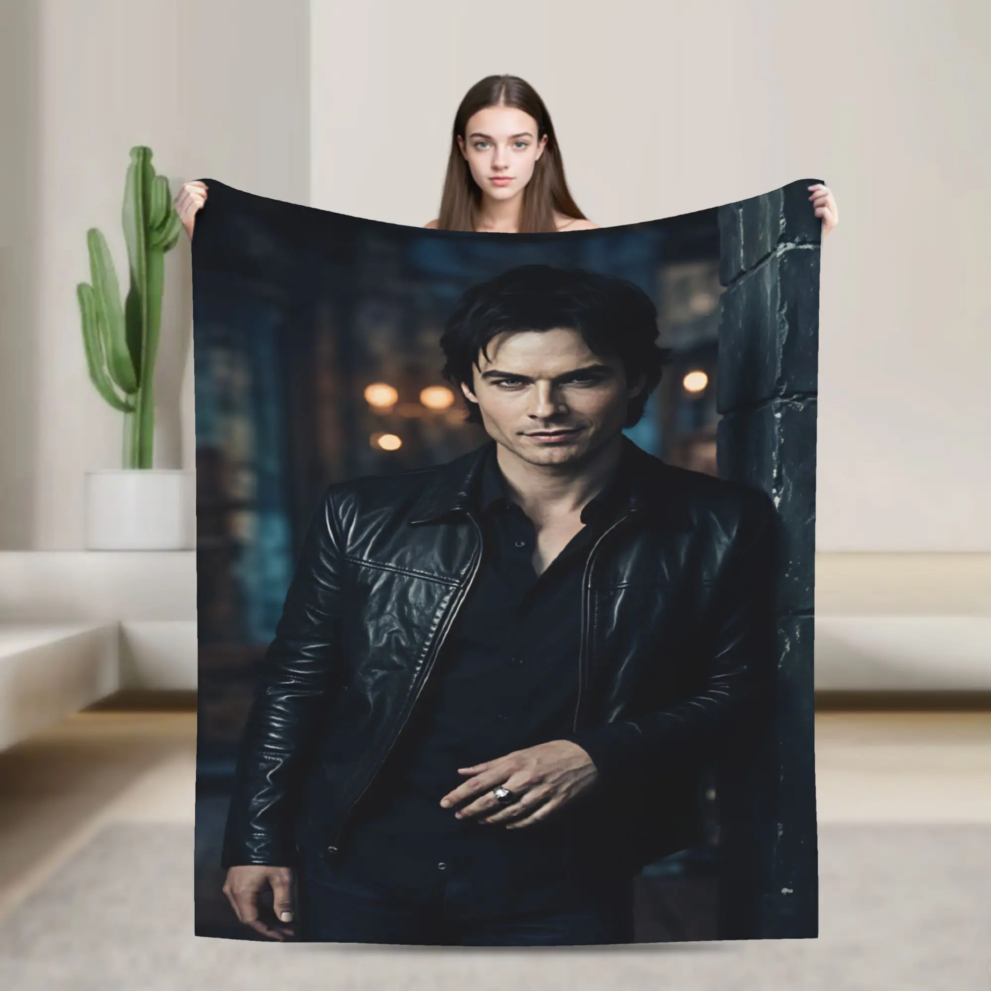 Damon Salvatore Night Leather Portrait Bedding Throws Graphic Blankets  For Home Decor Travel Flannel Bedspread Bed Cover