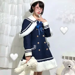 Classis Sailor Uniform Inspired Navy Blue Long Sleeve Double Breasted Metal Button Wool Winter Lolita Coat