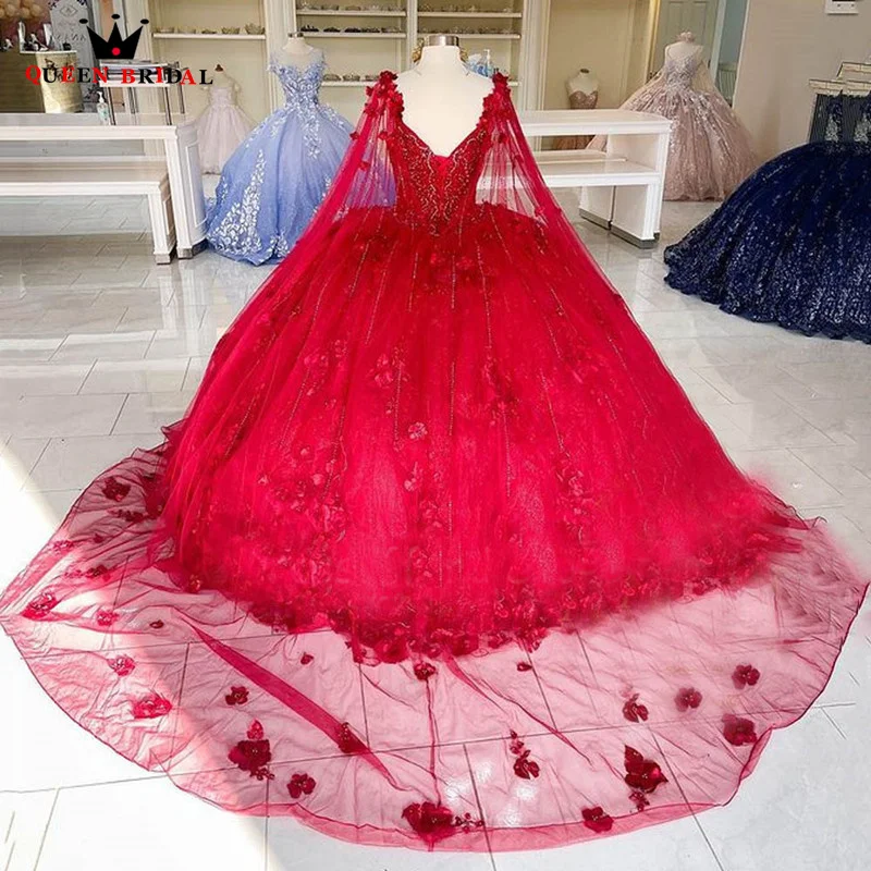 Wykwintne czerwone sukienki z dekoltem w szpic z suknia balowa w kwiaty 3D koralikami vestido de 15 años Quinceanera princesa na zamówienie LJ16