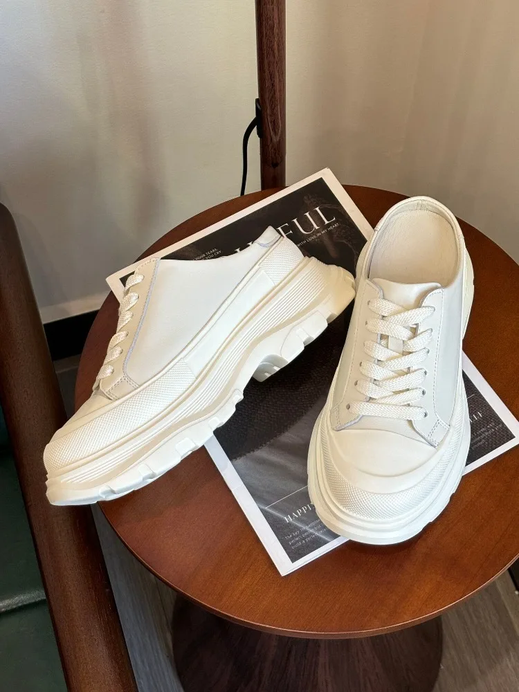 

7.5 Cm Thick-Sole Rounded-Toe Low-Cut Slippers Women Genuine Leather Casual Sneakers Comfortable Platform White Shoes Trendy