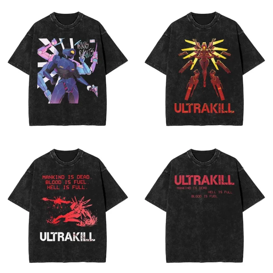 Gamer Ultrakill Graphic T-shirt Vintage Washed Aesthetic Streetwear Unisex Oversized Summer Cotton Short Sleeve Tee Harajuku Top