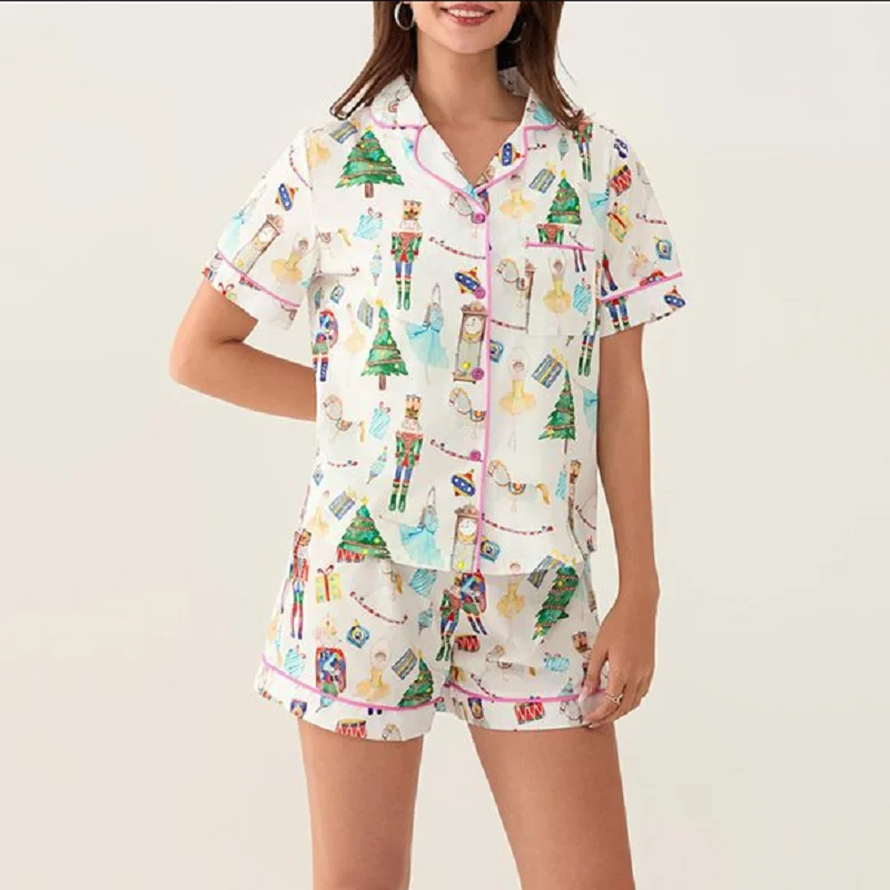 

Женские рождественские пижамы с цифровым принтом, короткая повседневная одежда для сна, стильная удобная одежда для дома, топ и шорты, комплект из 2 предметов