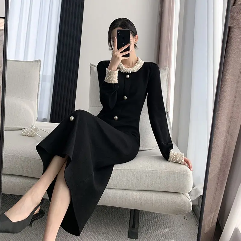 Autumn Winter thin temperament Women's Clothing 2023 Fashion Ladies Slim Pullovers Long sleeve dresses Solid color Long dress