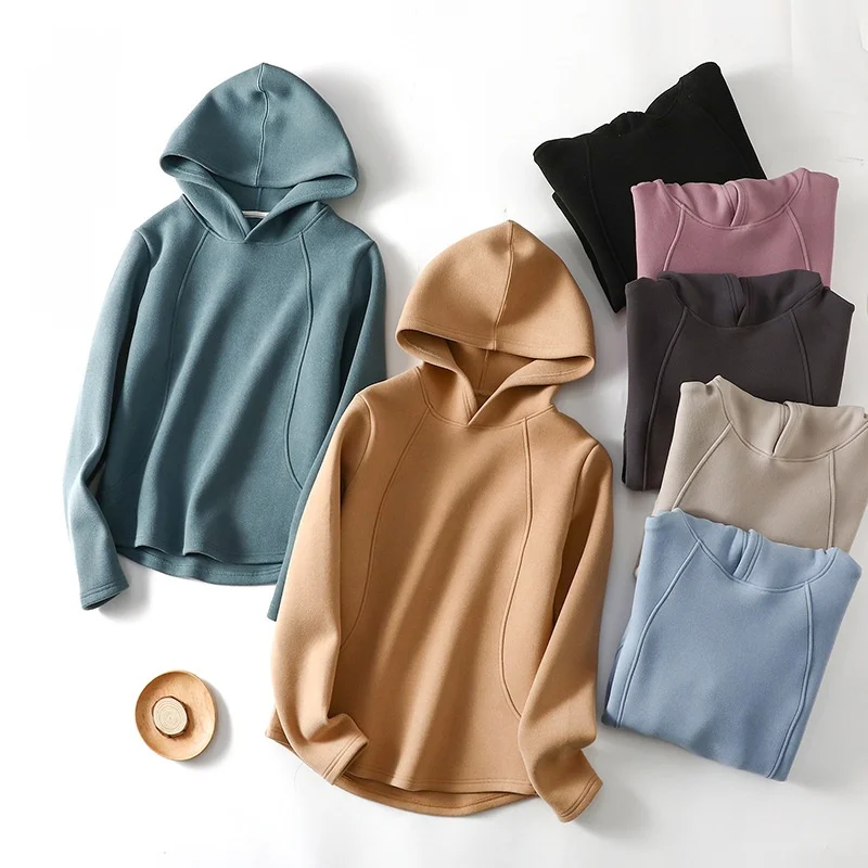 

Women Autumn/Winter Long Sleeve Fleece-Lined Thickened Hoodie Warm and Soft Double Sided Fleece Hooded Windproof Sweatshirt