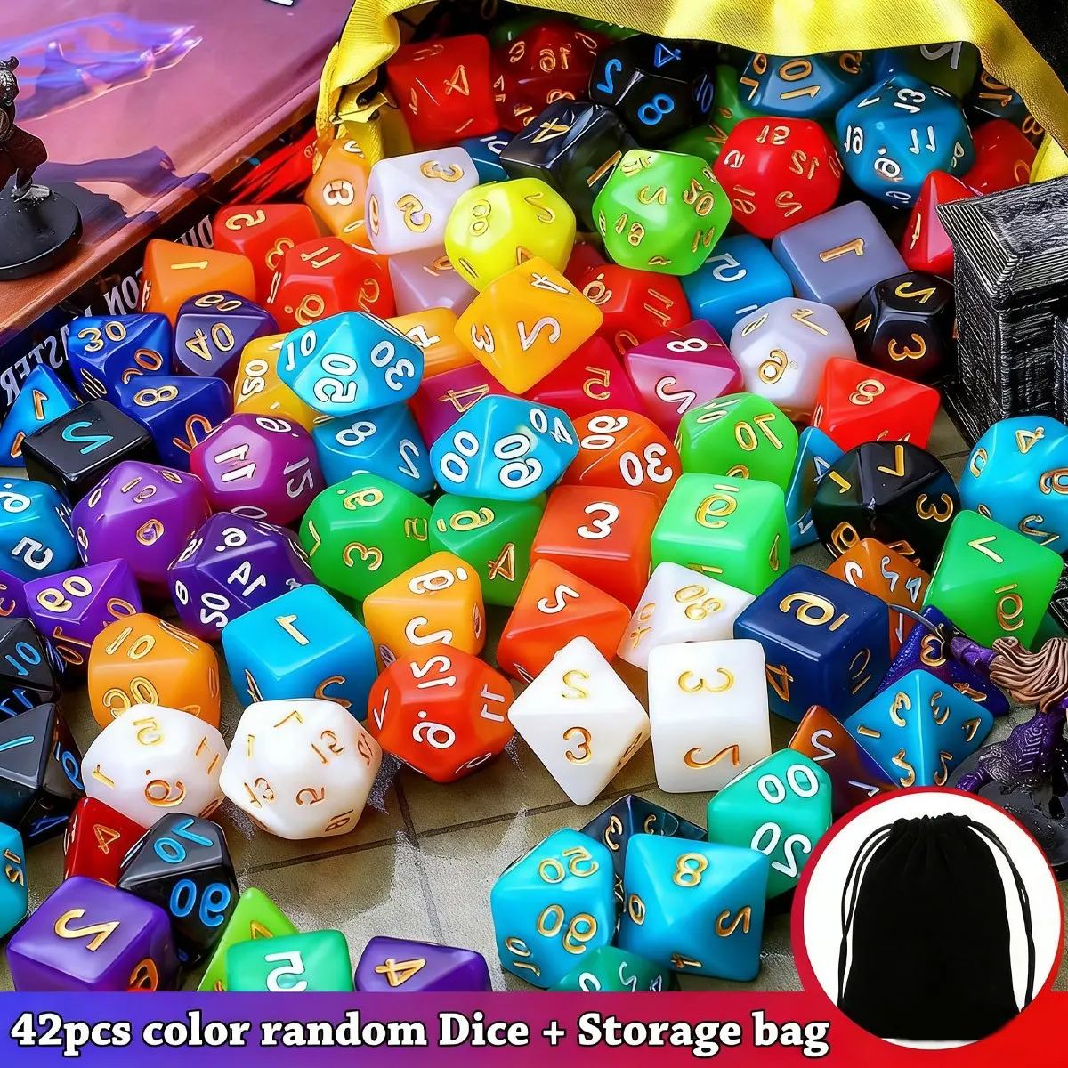 

42pcs DND Dice Set with Black Drawstring Pouch - Polyhedral RPG Dice Color-Coded Faces, Complete Tabletop Game Accessories ZSY