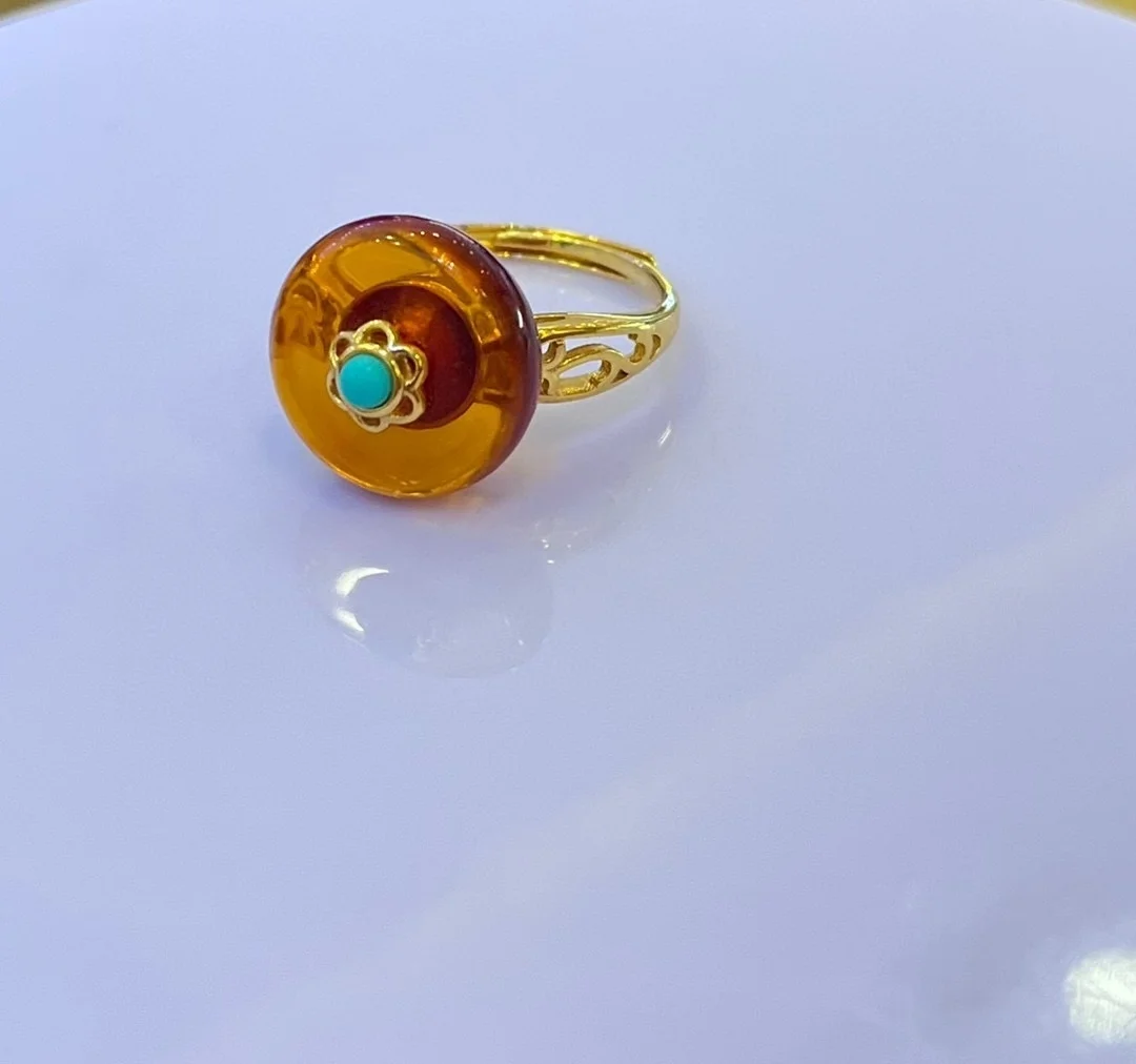 

Certificate 925 silver Natural Baltic Honey Amber Ring Genuine Yellow Amber Lucky Buckle Finger Band Blessing Turquoise Jewelry