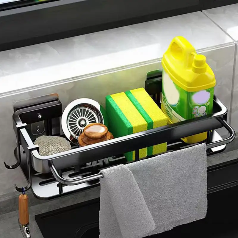 Estante de almacenamiento de cocina, herramienta de fregadero de aluminio, organizador de trapo de esponja, estante de drenaje autoadhesivo montado