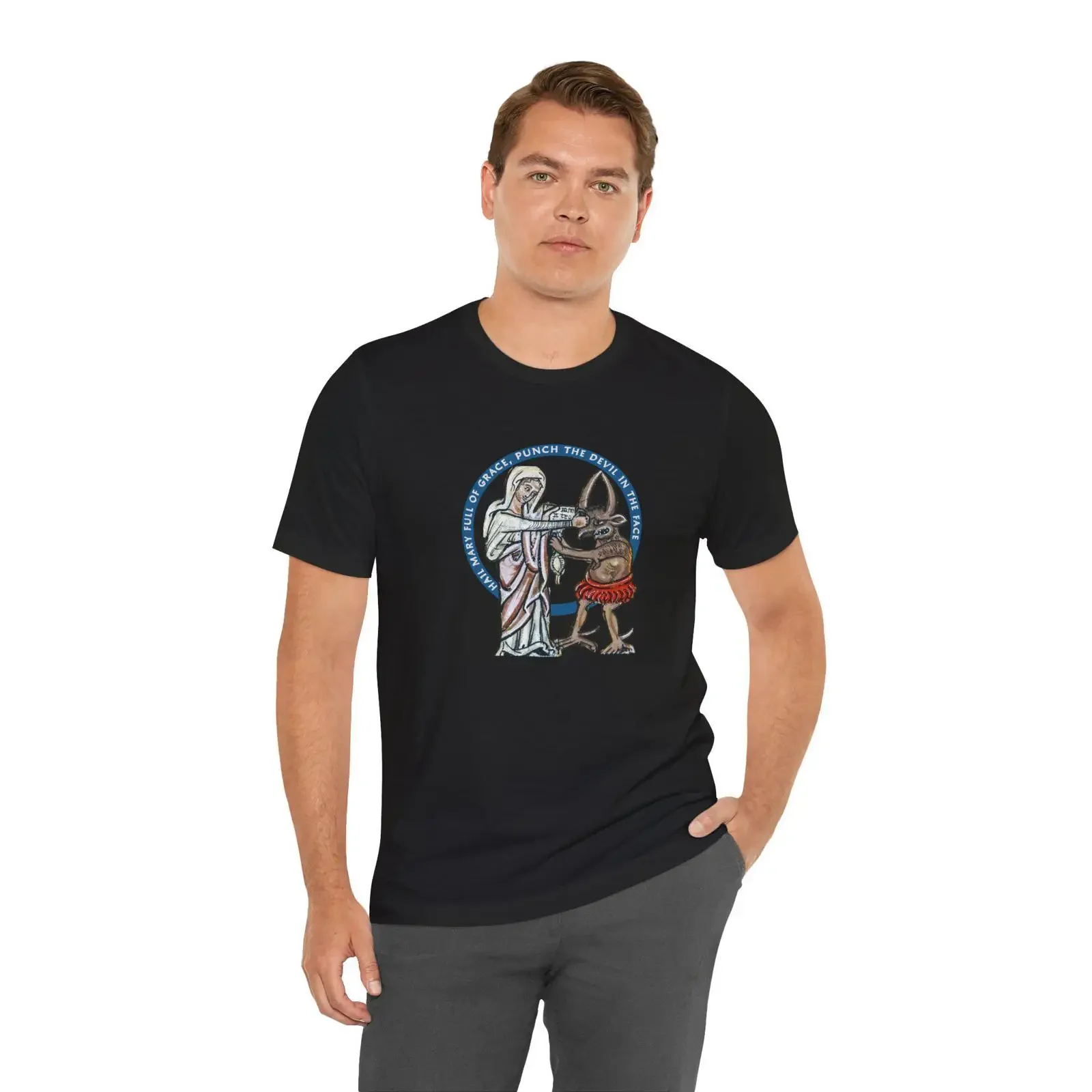 Funny Hail Mary Full of Grace Punch Devil In Face T Shirt Catholic  Priest Ordination Confirmation  vintage Washed fashion
