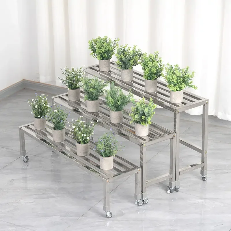 Stainless Steel Plant Stand Rolling Succulent Shelf for Balcony Outdoor Flower Display Rack Mobile Multi-Tier Planter Organizer