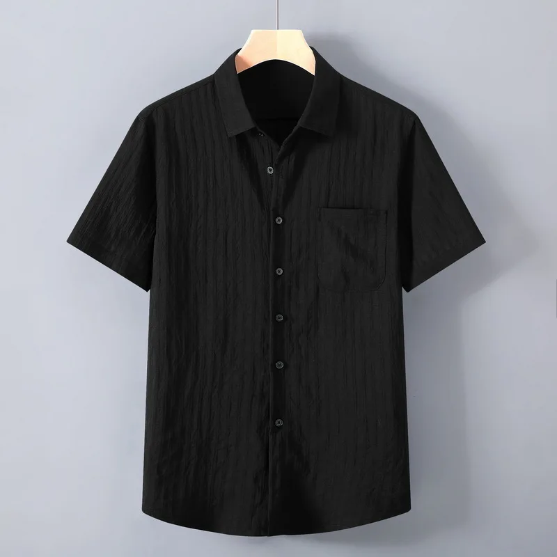 

Men Solid Black Short Sleeve Shirt Casual Textured Wrinkle Resistant Button Down Blouse With Pocket