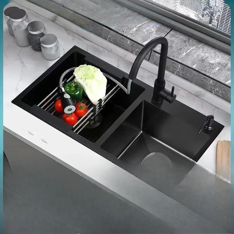 

Kitchen Double Sink Black Nano Thickened 304 Stainless Steel Sink Dishwasher Full Set