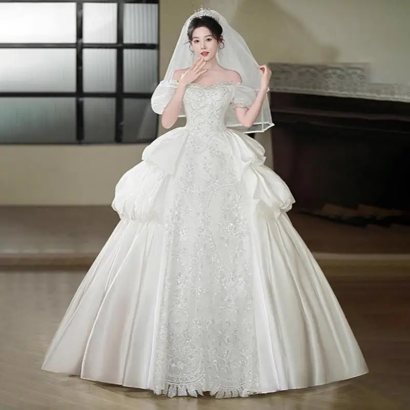 Cheap Wedding Dresses Puff Sleeve Elegant Satin Wedding Party Dress For Bridal Customized 2025 New Formal Dress
