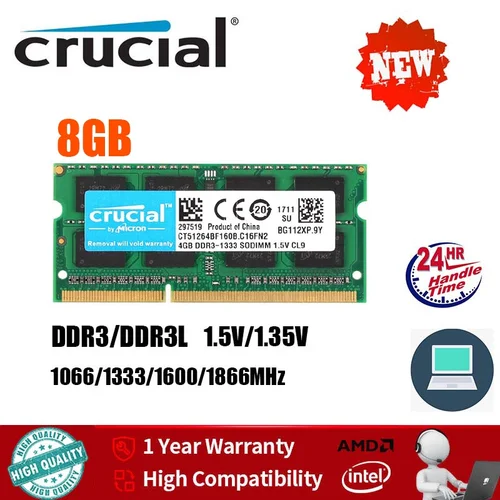 Cuaderno Crucial DDR3 RAM DDR3L 4GB 8GB SODIMM 1333 1666MHz 204Pin 1,35 V/1,5 V RAM PC3-10600 12800 para ordenador portátil