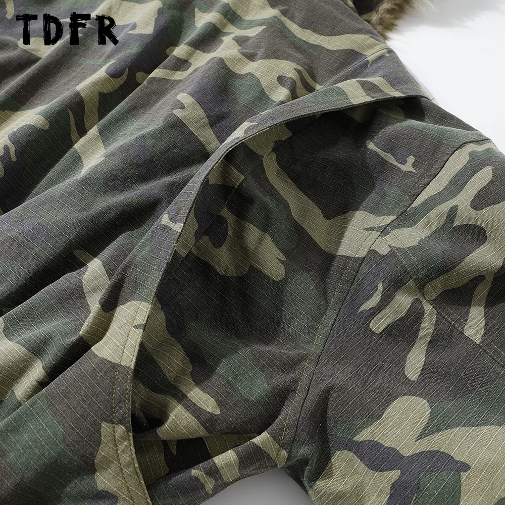 Camuflagem com capuz acolchoado jaqueta masculina botão decoração safari estilo inverno grosso manga longa acolchoado jaqueta masculina