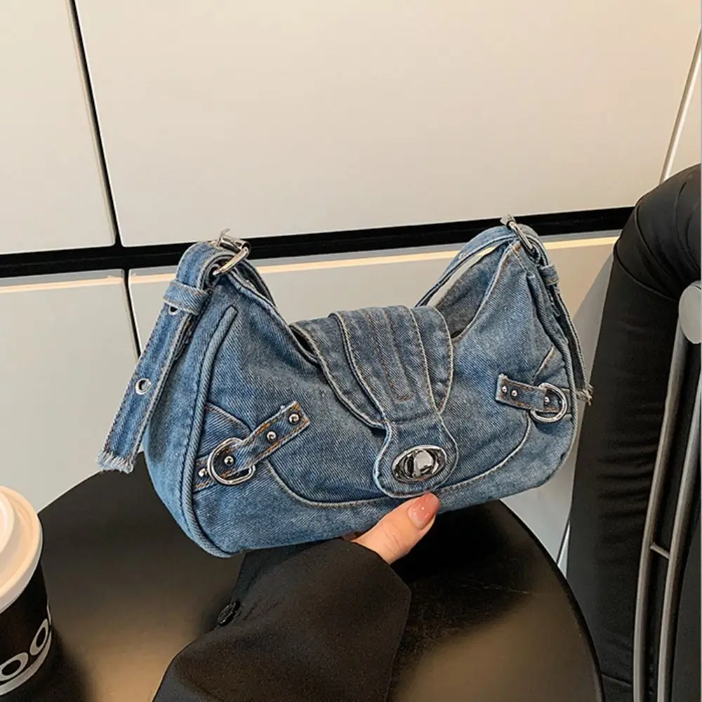 

Trend Y2K Retro Denim Shoulder Bag Spicy Girl Fashion Denim Handbag Underarm Bag Korean Cloth Armpit Bag Streetwear
