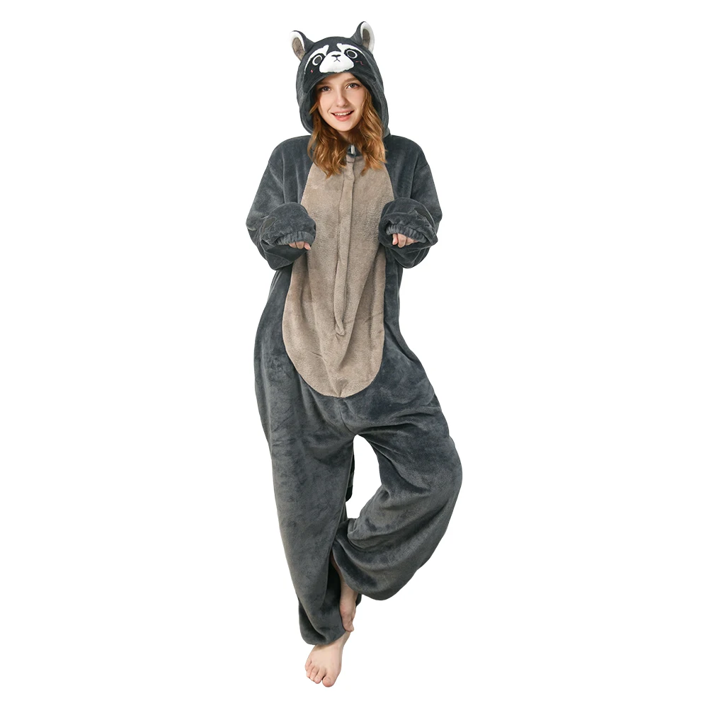 Cartoon Animal Pajamas Adult Cow Cosplay Flannel Sleepwear Bear Raccoon Jumpsuit Costume Outfits Halloween Carnival Party Suit