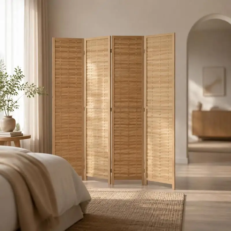Paravent en bambou 4 panneaux 160 x 170 cm, séparateur de pièce pliable en bois naturel, cloison d'intimité autoportante pour salon, chambre, bureau et appartement, décoration intérieure style japonais, ambiance zen, aménagement d'espace minimaliste