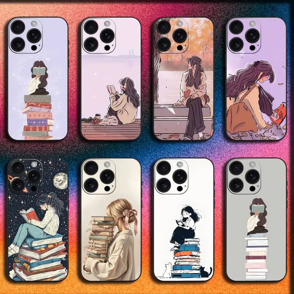 

Girl Book Landscape Phone Case For iPhone 17,16,15,14,13,12,11,Pro,Max,Plus,E,SE4,Air,Mini Black Cover