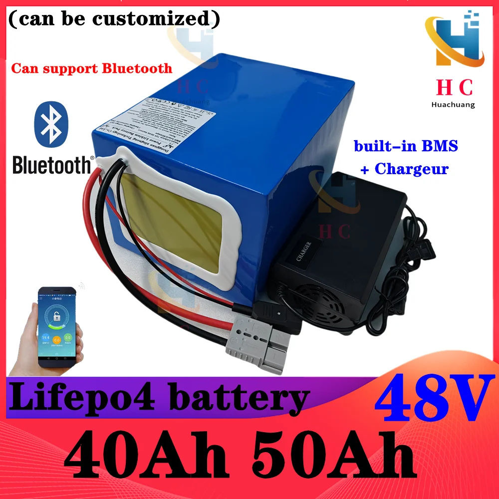 Batterie au lithium Lifepo4, 48V, 50Ah, 40Ah, Bluetooth BMS, 16S, 2000W, pour scooter, vélo, tricycle, bateau, Go Cart, chargeur