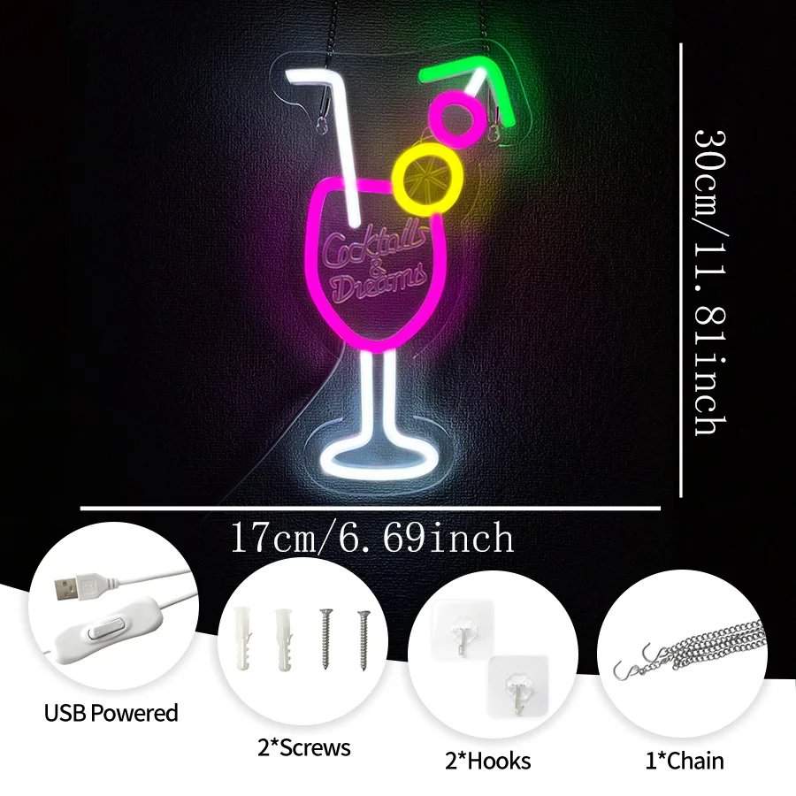 Cocktails Glass Neon Sign for Wall Decor,LED Neon Lights Signs for Bedroom Office Hotel Pub Cafe Recreation Room Art Wall Decor