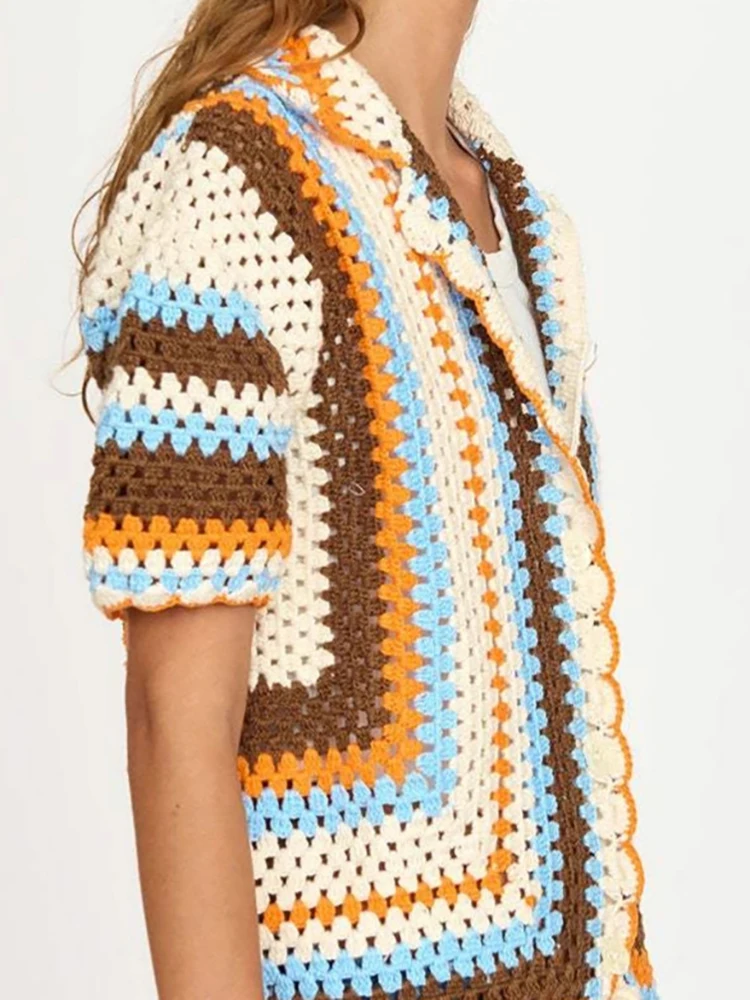 

Полосатая вязаная крючком свободная женская футболка 2026, весна-лето, отпуск, вязаный топ с короткими рукавами, повседневная однобортная рубашка с лацканами