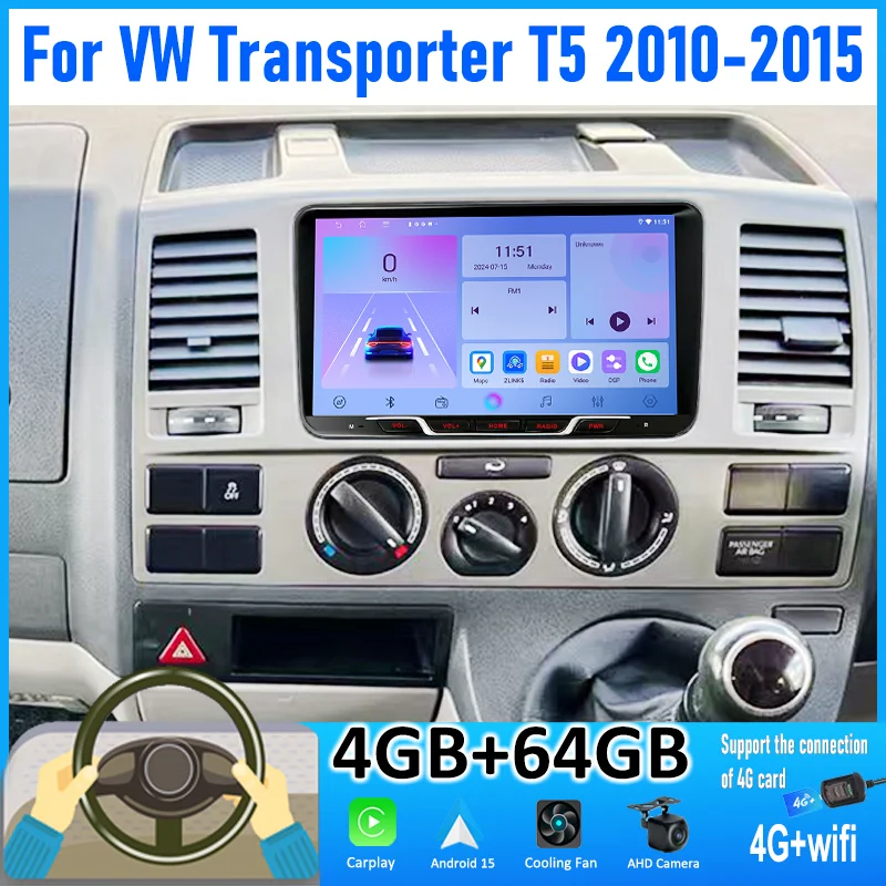 

9'' 4+64GB For VW Transporter T5 2010-2015 Car Radio Android 15 Auto Support Wireless Apple Carplay 4G+WIFI 2DIN Rear Camera