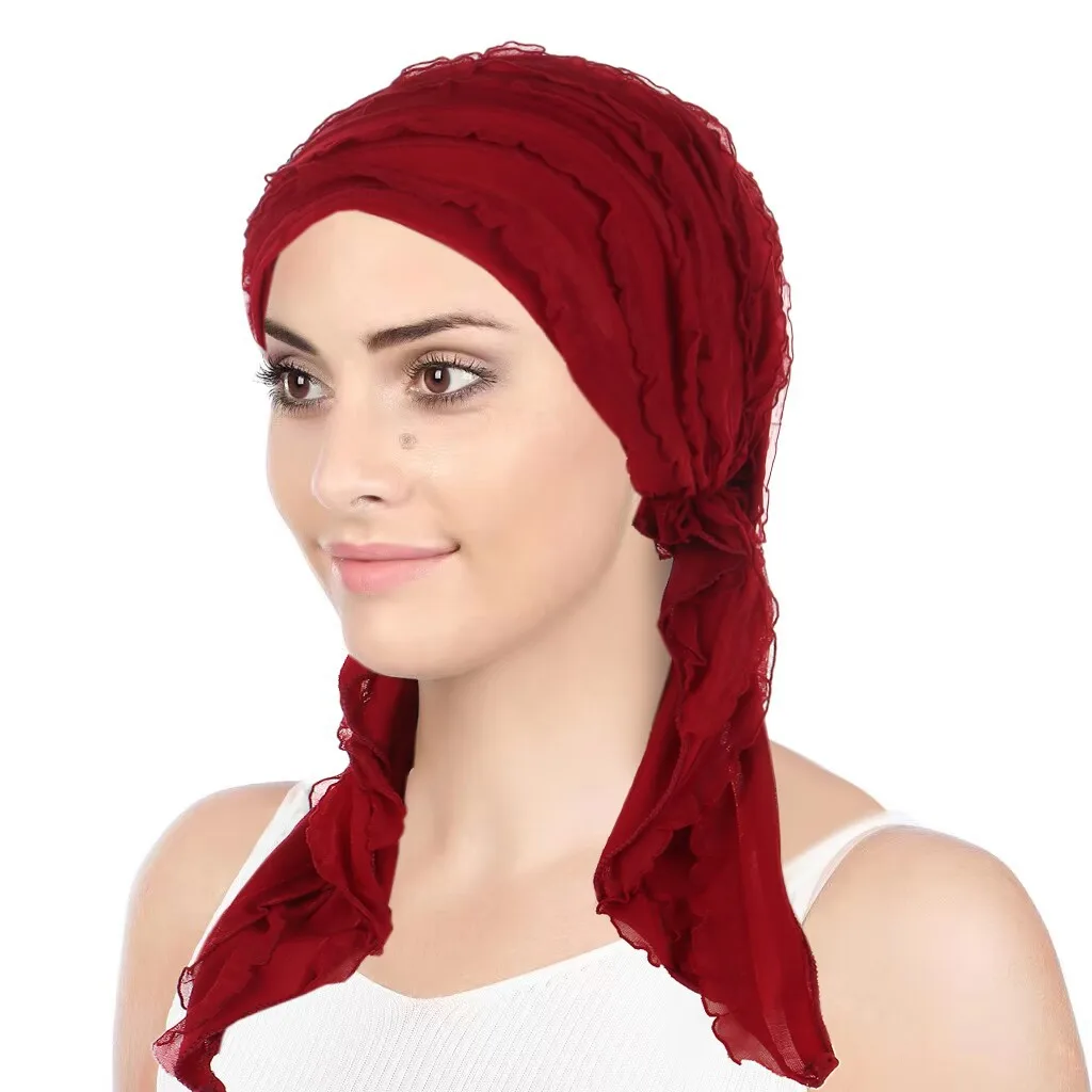 

New Women Pre-Tied Hat Long Tail Headscarf Inner Hijab Turban Winkle Bonnet Chemo Cap Muslim Headwear Beanies Hair Loss Headwrap