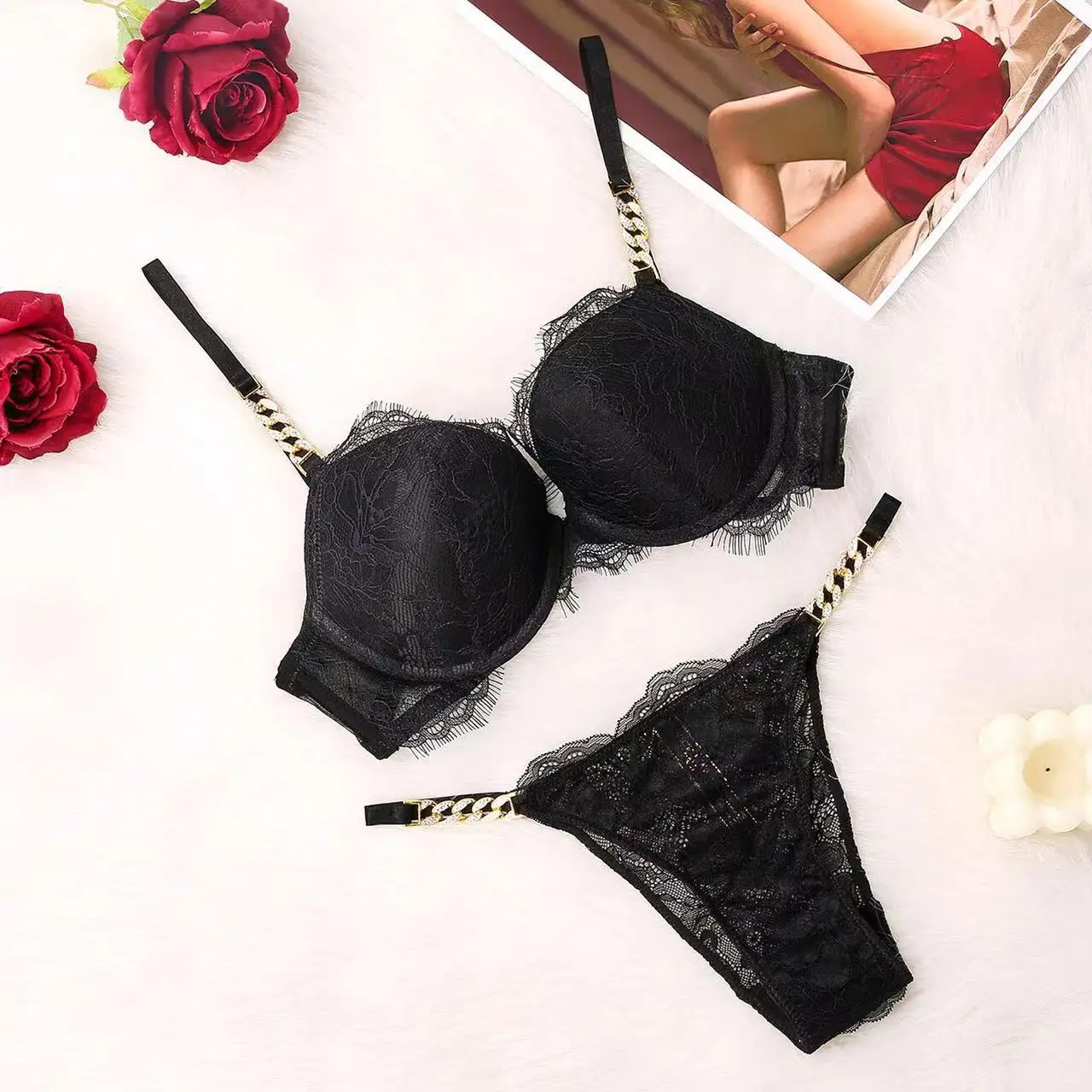 

Lace Sexy Bra Set Women Bralette Rhinestone Girls Underwear Brassiere Thong Transparent Gather Bras Lingerie Panty Sets