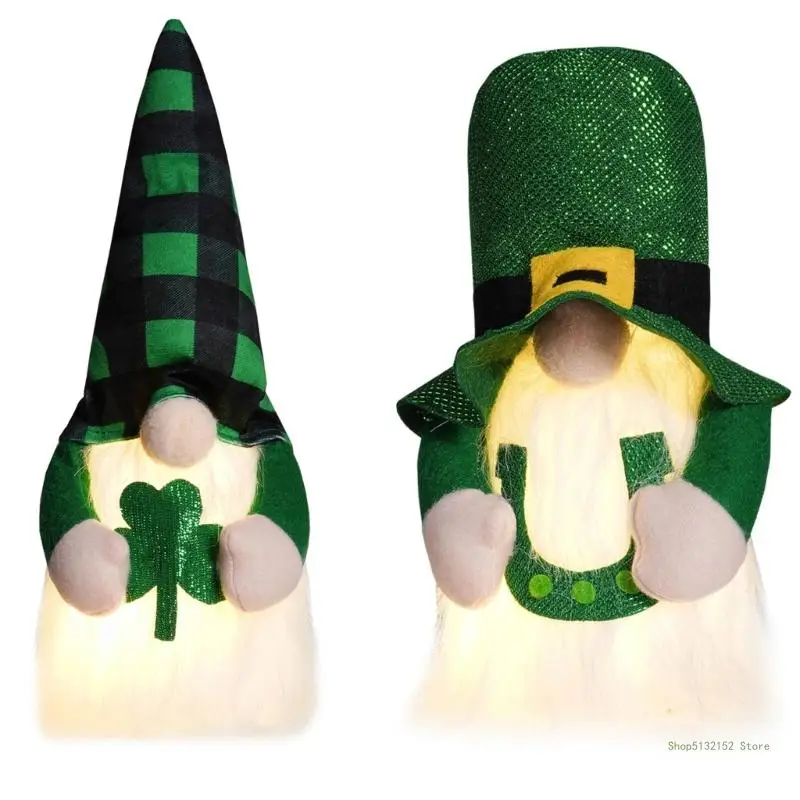 QX2E LED Light Up Gnomes Plush Dolls Decoration for Patricks Day Irish Festival Leprechaun Hat Swedish Tomte Elf Figure Toy