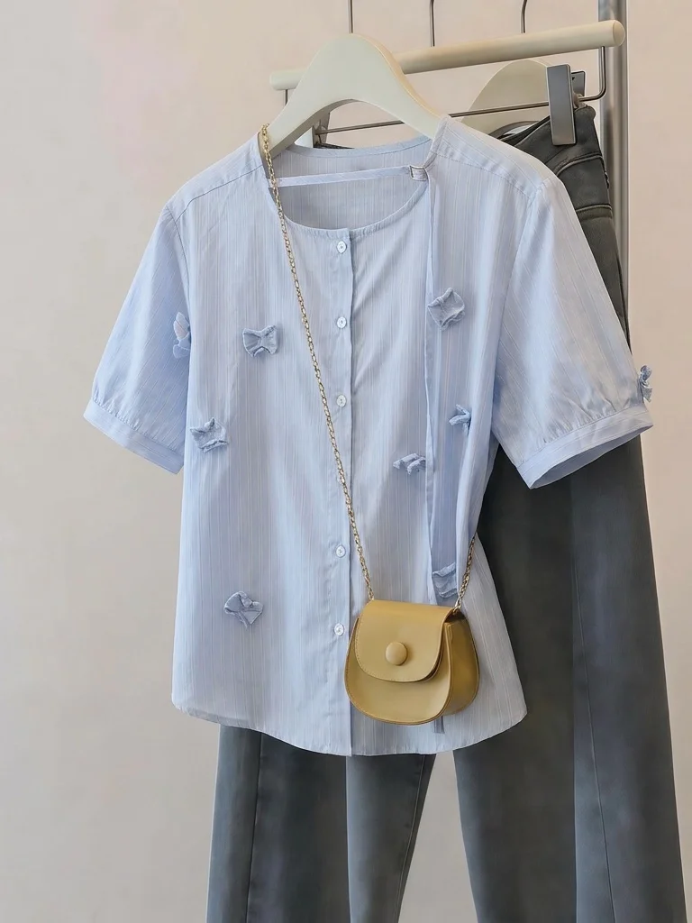 

Light Blue Striped Short Sleeve Shirt Women's Summer New Style plus Size Young Looking Top Comfortable Breathable Korean Version
