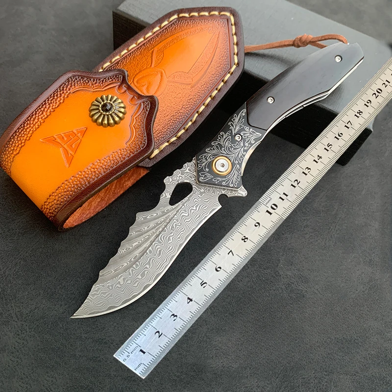 RHON 3.4inch Damascus Steel Folding Blade Knife High Hardness Sharp Field Survival Portable Small Pocket Outdoor Fruit Knives