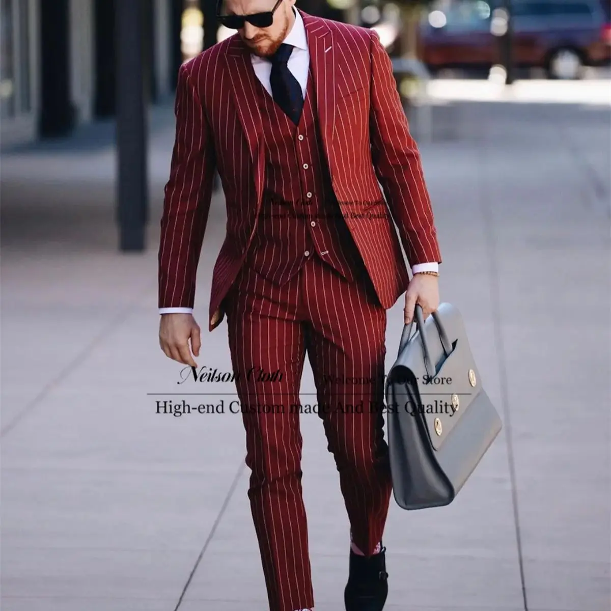 

Formal 3 Pcs Set Stripe Male Prom Blazers Red Peaked Lapel Groom Wedding Tuxedos For Men Slim Fit Groomsmen Terno Masculino