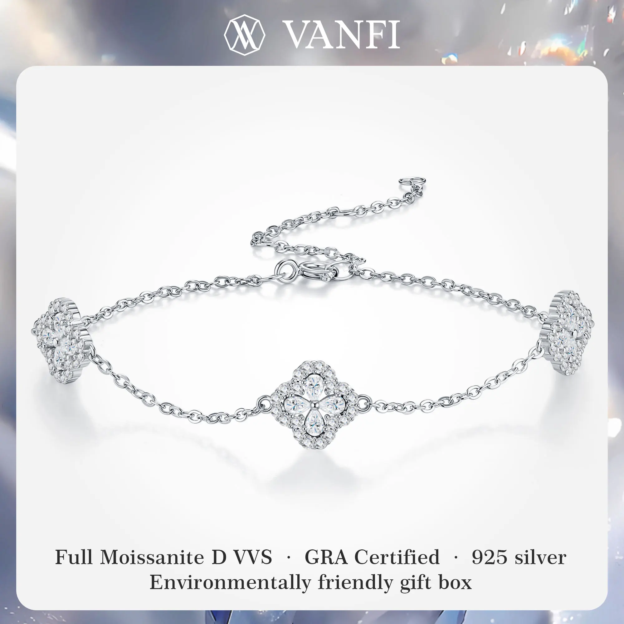 

Браслет KVFANFI Moissanite Clover из стерлингового серебра 925 пробы с покрытием из белого золота, регулируемая цепочка, цвет D, VVS1, сертификат GRA, для женщин