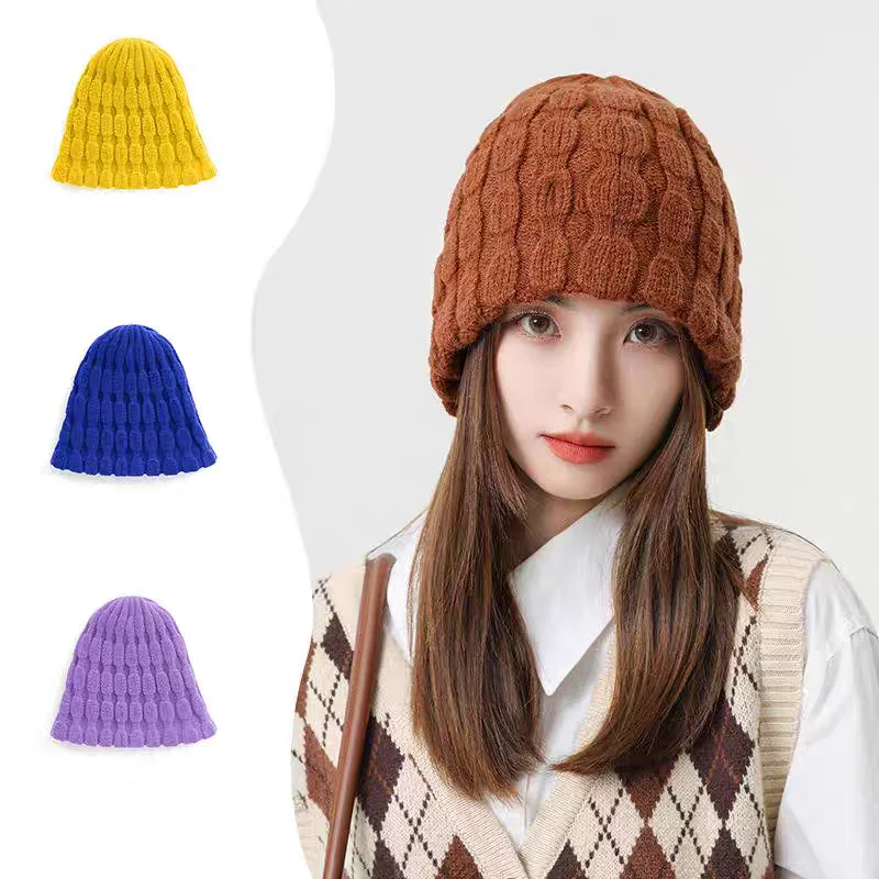 Autumn and Winter Outgoing Women Fashion Warm Solid Color Thickened Cashmere Fried Dough Twists Pullover Cap Cold Hat