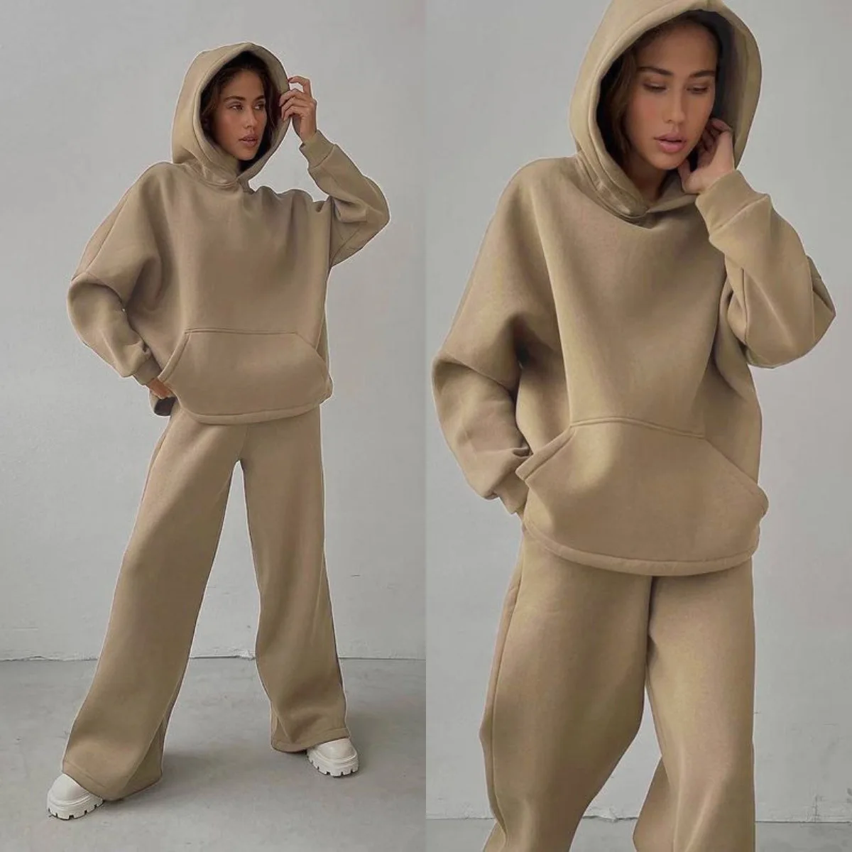 Women Tracksuit Two Pieces Set Hooded Solid Color Sweatshirts Wide Leg Pants Pockets Elastic Waist Loose Sports High Street