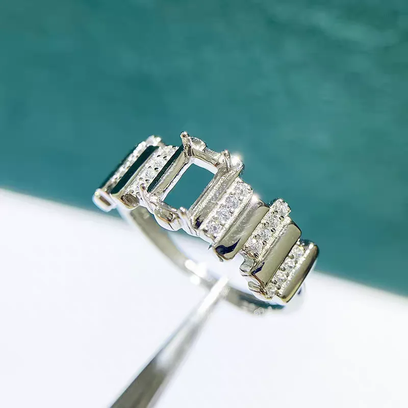 MeiBaPJ 4*6 مستطيل الحجر 925 فضة موضة حلقة حامل لتقوم بها بنفسك دعم فارغ للنساء غرامة مجوهرات Charm