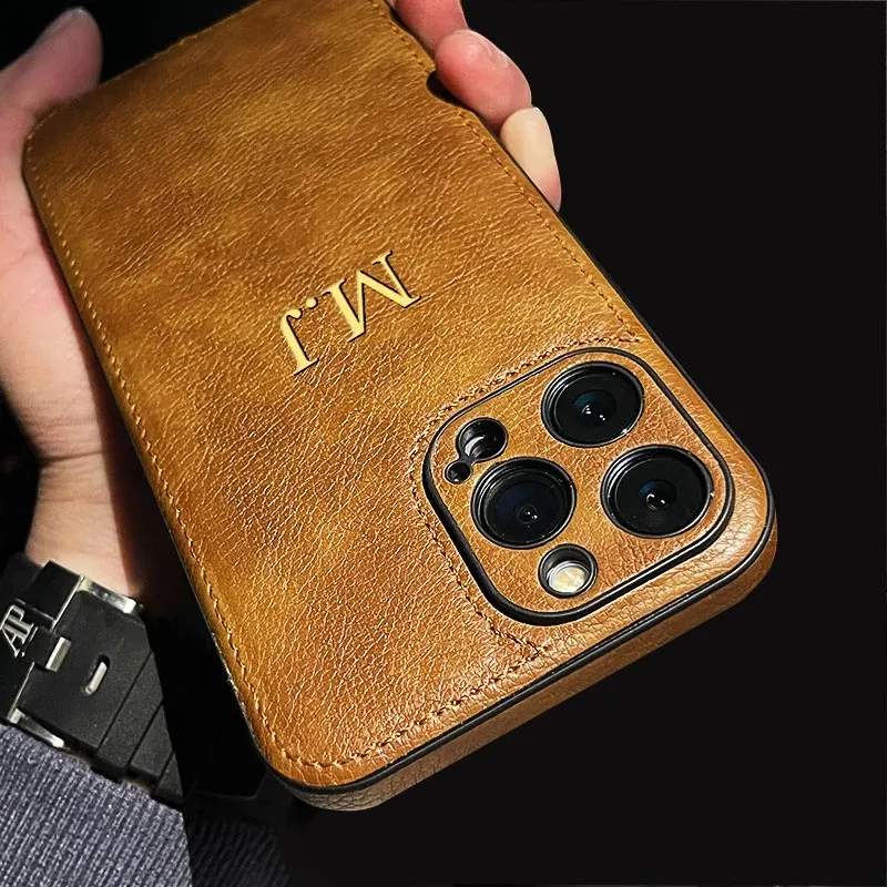 Personalisierte individuelle Namens-Handyhülle für iPhone 15 14 13 12 11 Pro Max 15 14 Plus, luxuriöse Rindsleder-Schutzhülle auf der Rückseite