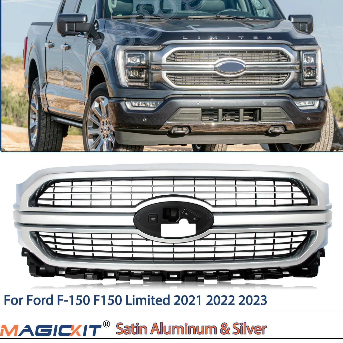 FRONT BUMPER GRILLE FIT 2021 22 2023 FORD F150 F-150 SATIN ALUMINUM&INGOT SILVER