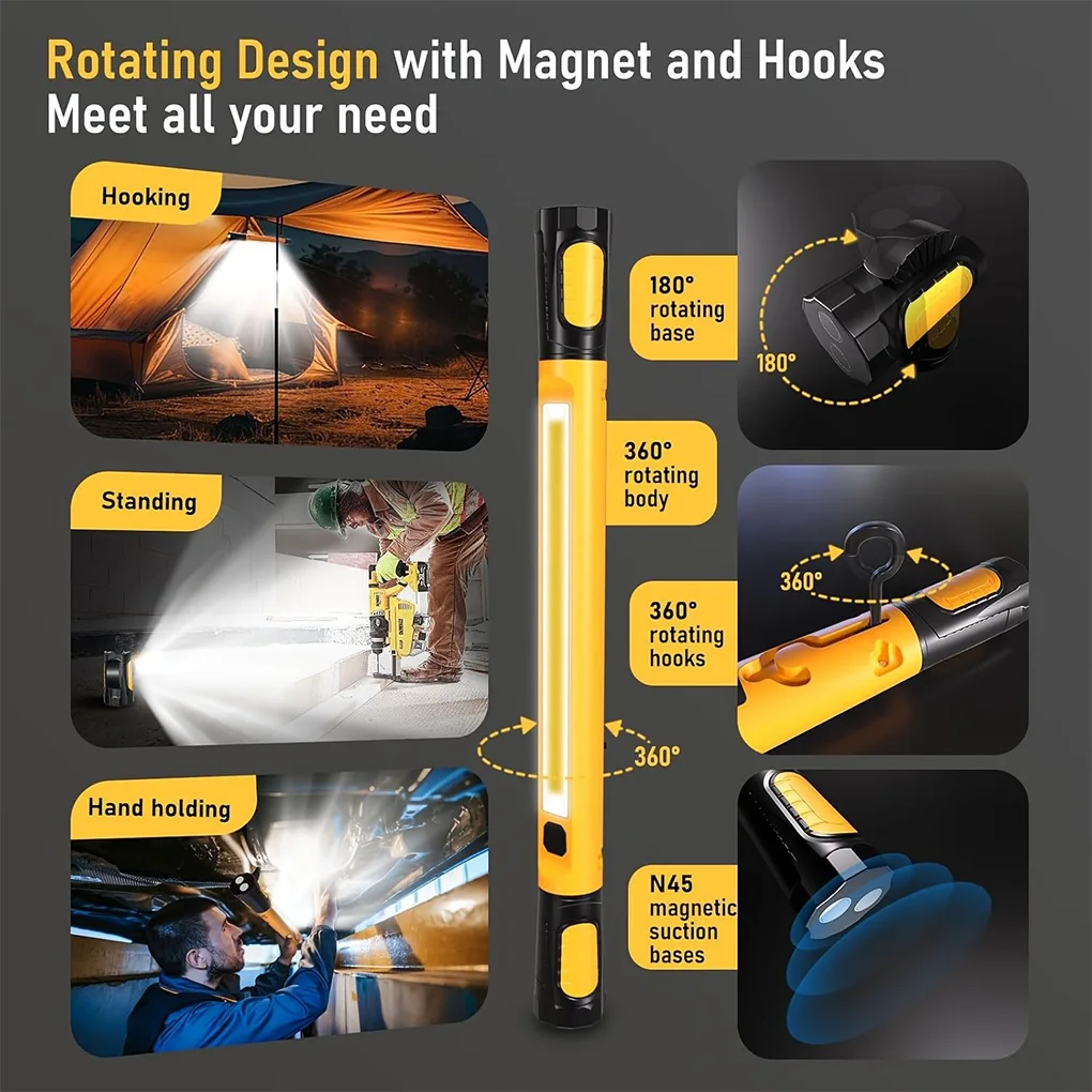

Супер яркий светодиодный перезаряжаемый магнитный рабочий фонарь 5000LM с вращающимся основанием и крючками — подлаждающая лампа для ремонта автомобилей/аварийной помощи