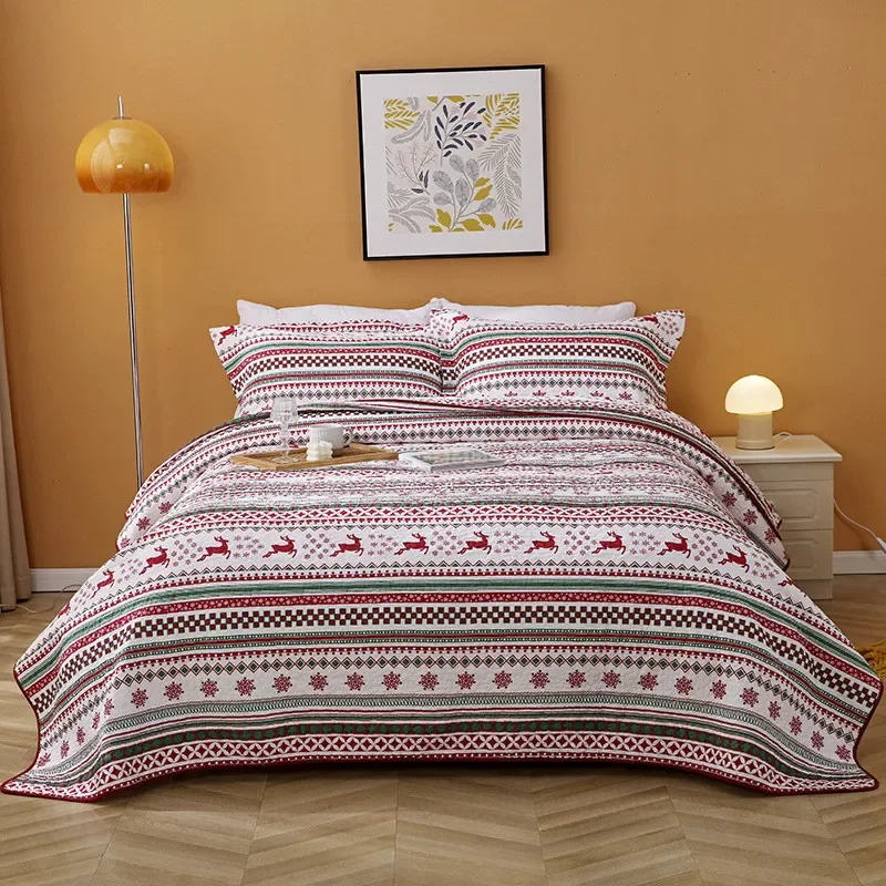 Christmas Decoration Cotton Quilt Set 3pcs Bedspread on the Bed Linen Quilted Blanket Plaid Coverlet Padded Bed Cover Xmas Decor