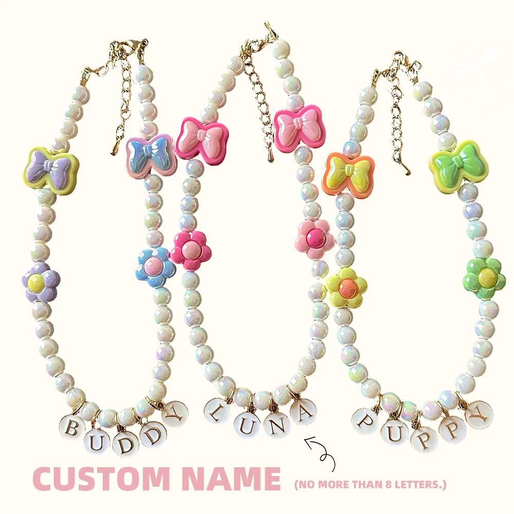 

Custom Name Pet Collar Necklace for Dogs & Cats Pastel Bow & Flower Beaded Jewelry Plastic Pearls Personalized Pet Accessories