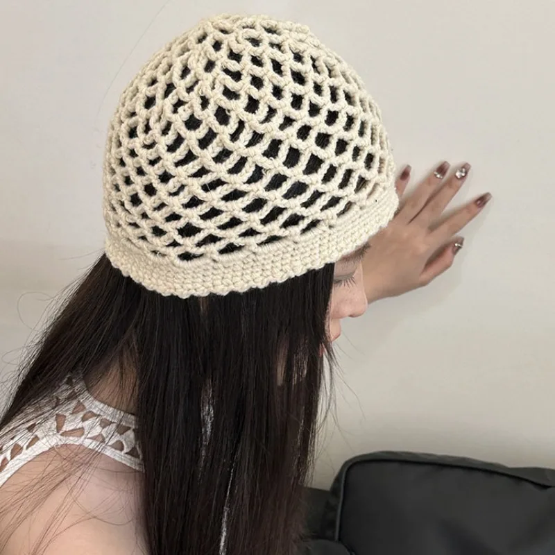 Korean Spring and Autumn Mesh Hollow Knitted Hat Hand-woven Ins Simple Solid Color Breathable Short Brim Sleeve Skull Beanie Cap