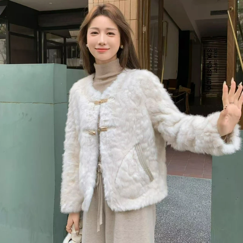2026 Autumn Winter Fashionable Elegant Fox Mink Warm Outerwear Eco-friendly Fur Round-neck Single-breasted Short Coat for Women
