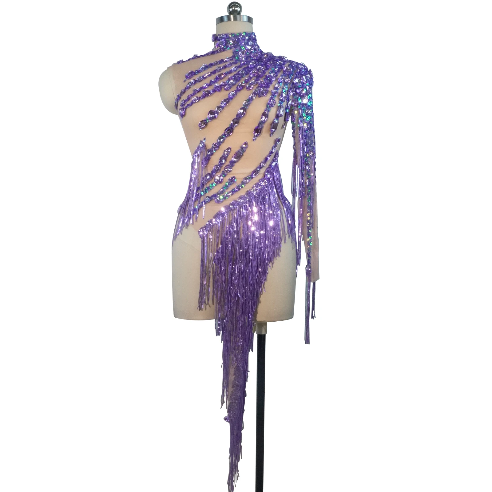 

Ladies Sexy Singlesleeved Highneck Diamond Sequins Tassel Dress Singer Nightclub Dancer And Stage Performance Latin Dancecostume
