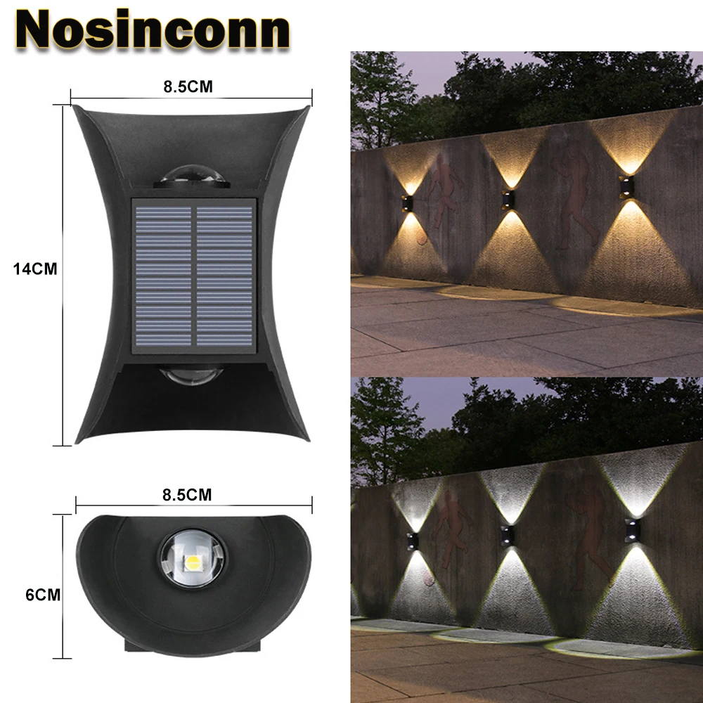 New Warm White Cool White Switchable Solar Wall Lamp Black ABS External LED Wall Solar Light IP65 Up and Down LED Wall Llighting