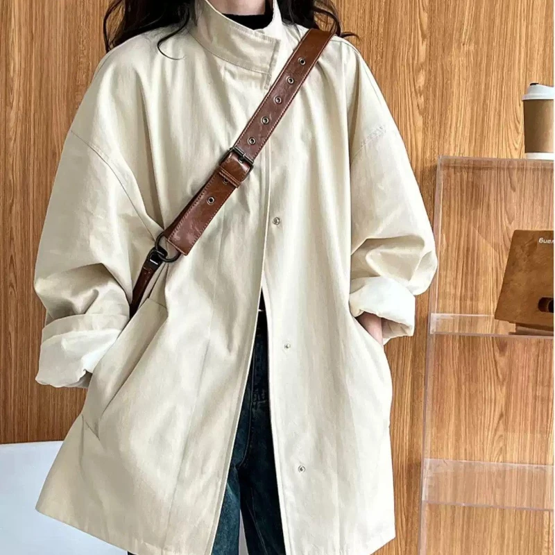 Office Women's Stand Collar Cotton Trench Coat Spring Autumn 2026 New Loose Vintage Slimming Trendy Chic Fashion Outerwear Coats