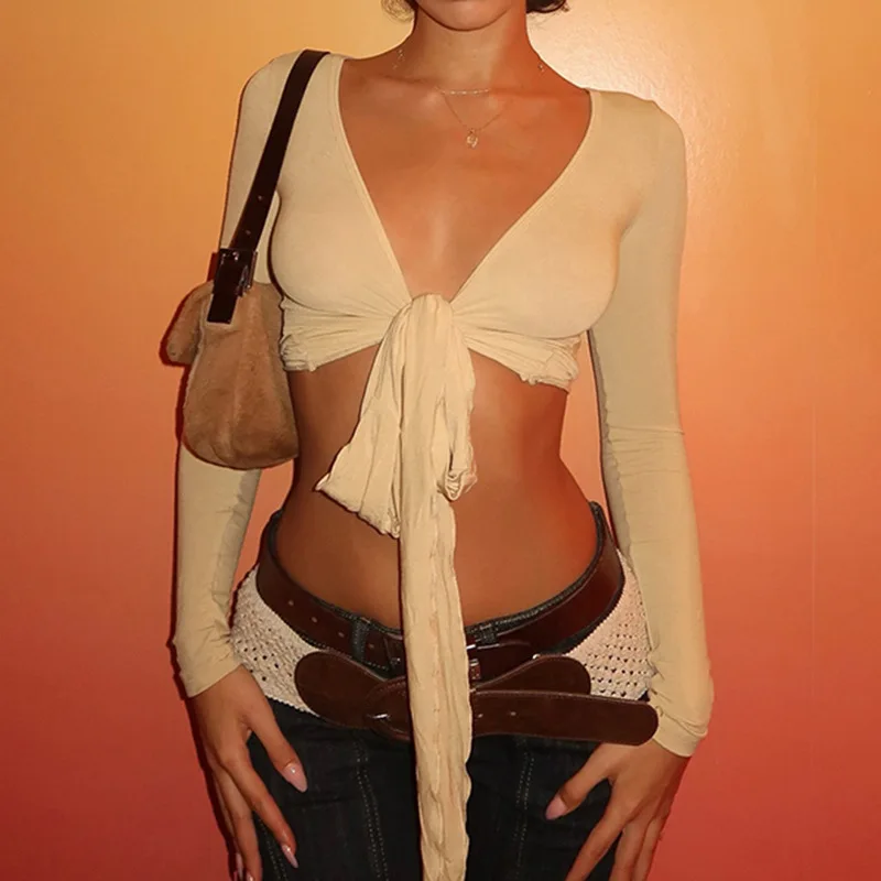 

Slim Fit Lace up V Ne Leisure irt Chic Y2K Уличная одежда Топ Moisture ng Long Sve ort Длина Цветная футболка