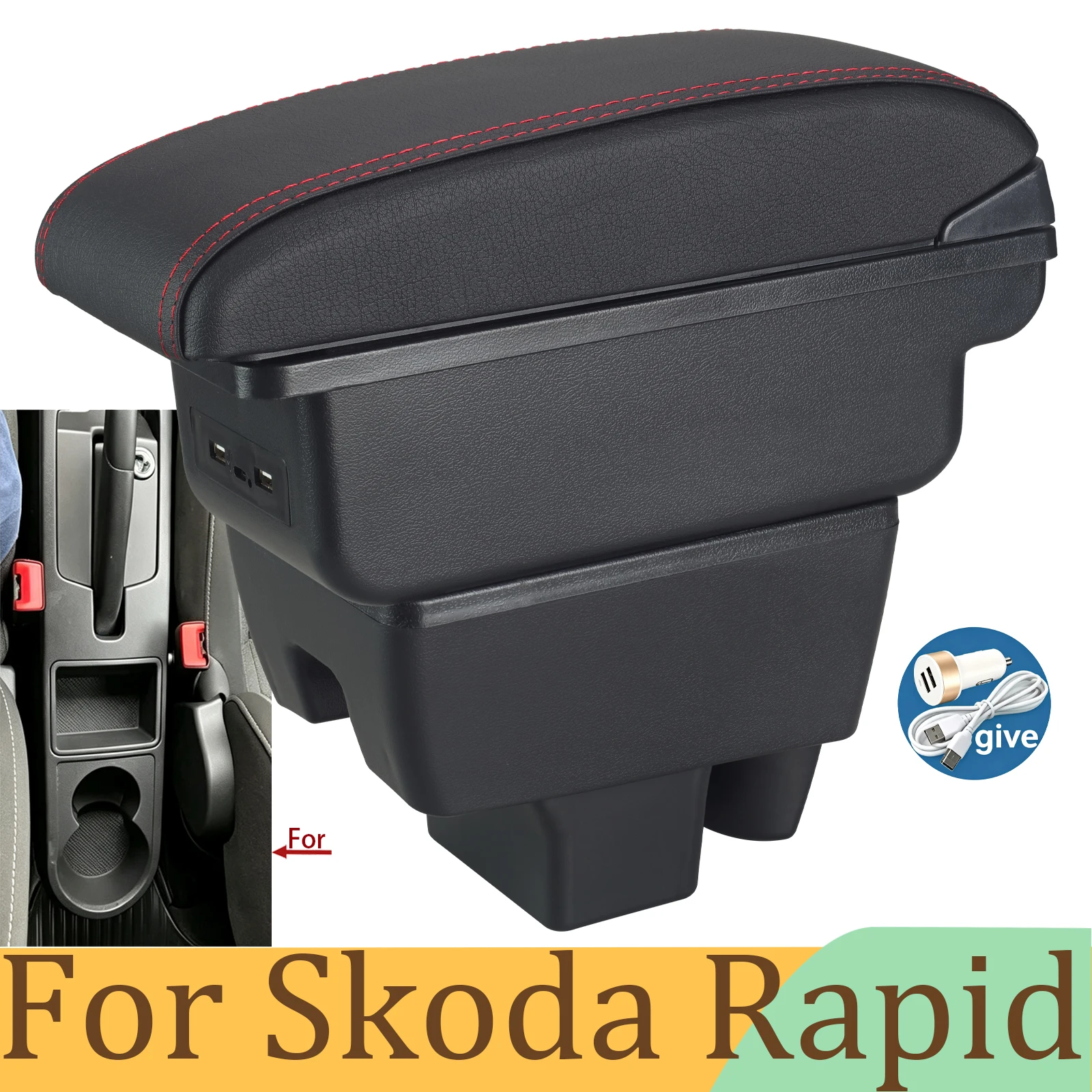 Auto-Armlehnenbox für Skoda RAPID, Armlehne für Volkswagen New Polo, Doppelschicht-Aufbewahrungsbox, Getränkehalter, Nachrüst-Autozubehör