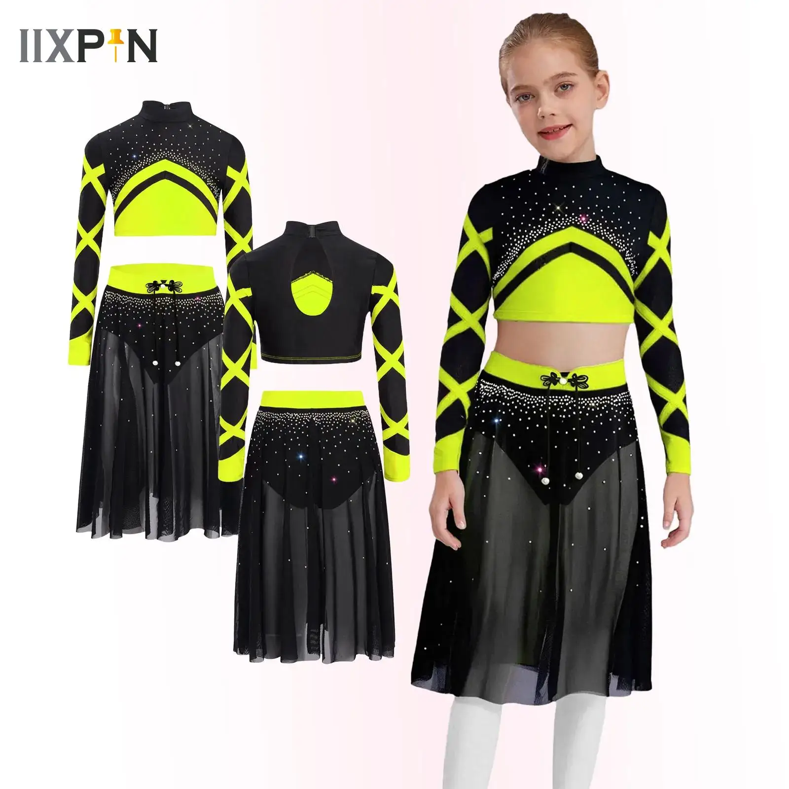 

Kids Girls Lyrical Dance Costume Long Sleeve Ballet Modern Dance Tops Skirt Set Figure Skating Dresses Stage Performance Outfits